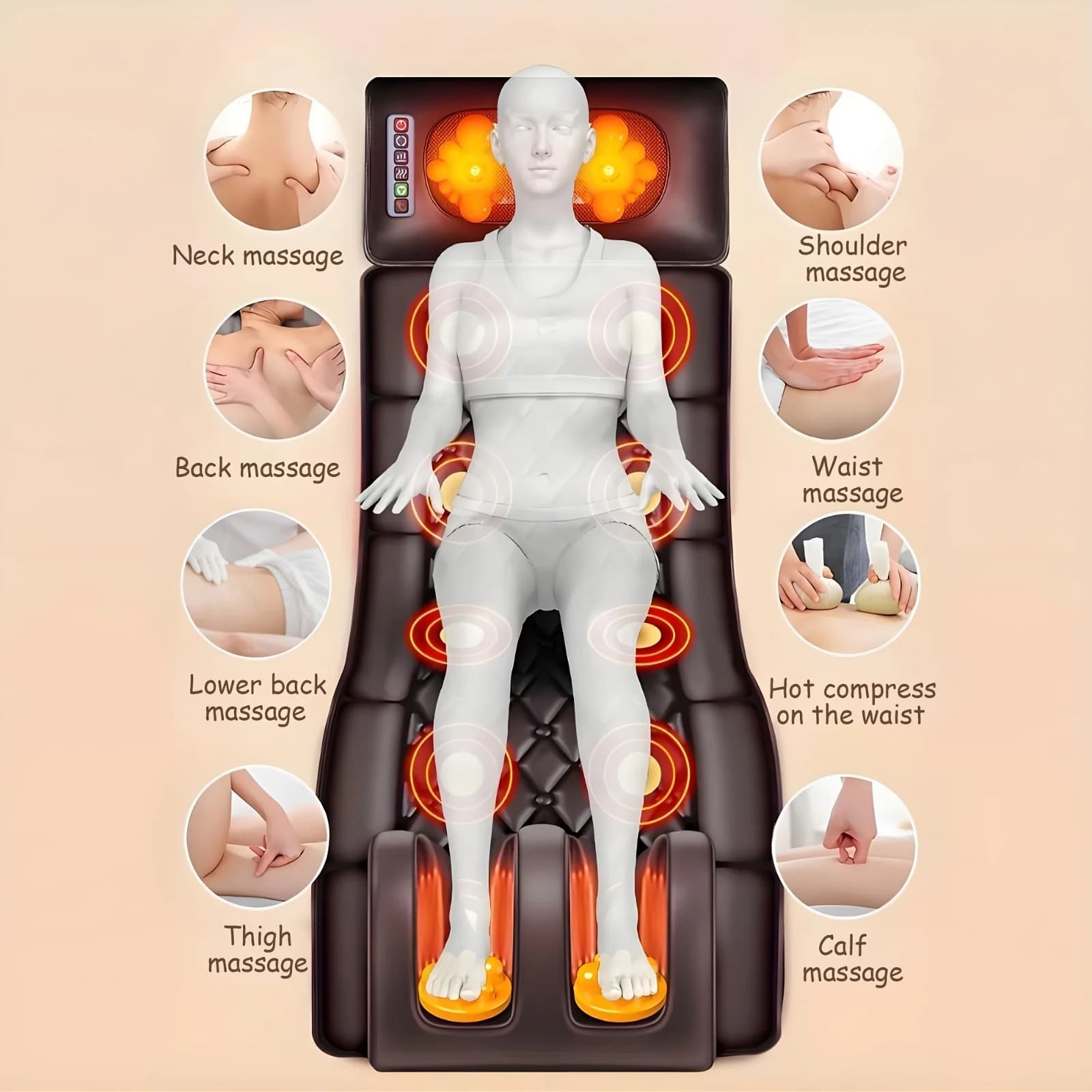 Full Body Massage Mat with Heat, 12 Vibration Nodes Massage Chair Pad 3 Heating Levels, Multifunctional Full Body Flannel Seat Back Massager with Head Lumbar Foot Massage Pillow for Home Office