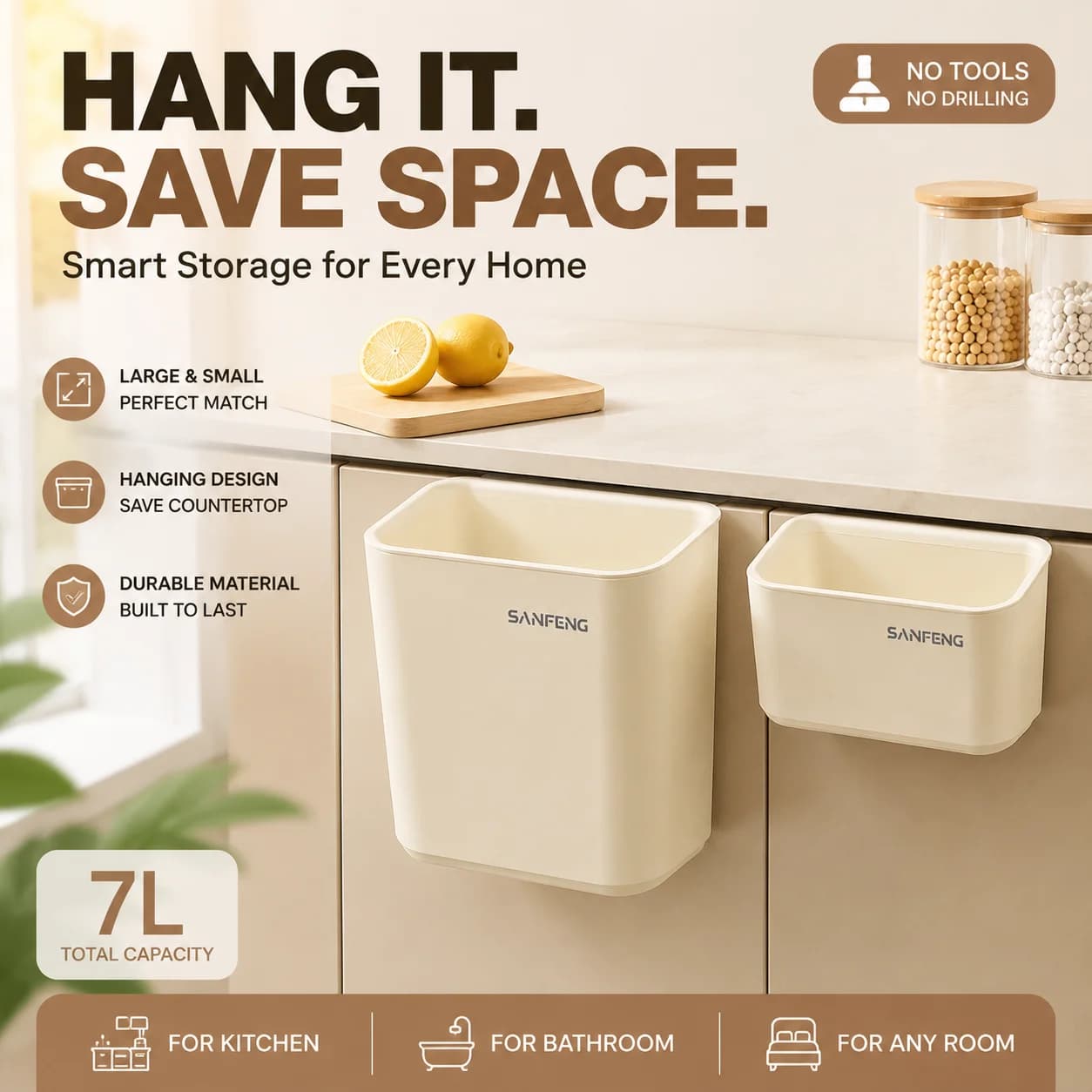 Cream-style No-Drill Kitchen Trash Can Cabinet Door Wall-Mounted Food Waste Sorting Storage Bin