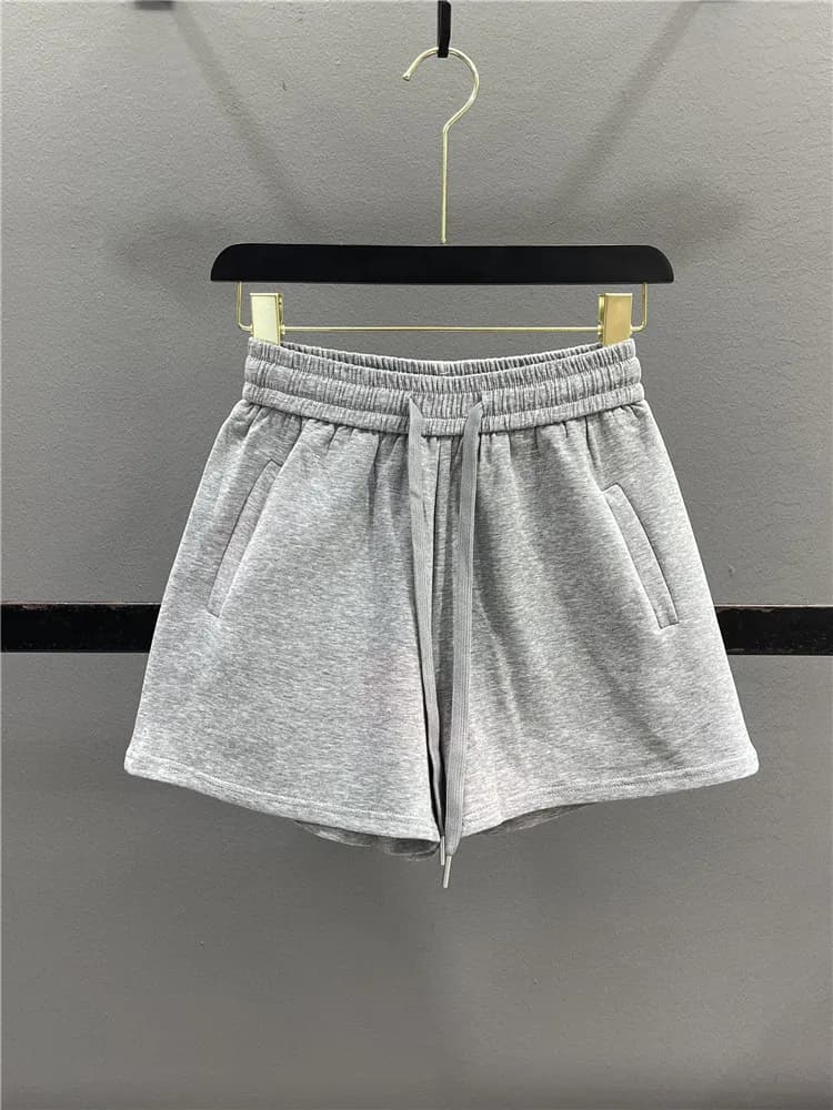 Grey Sports Shorts Women's Summer New Elastic Waist Drawstring Running Slim A-Line Casual Wide Leg Hot Pants Cotton Blend