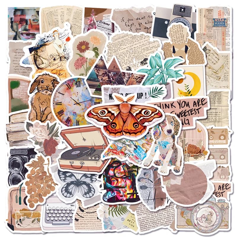 10/30/50PCS Vintage Newspaper Sticky Graffiti Sticker Aesthetic PVC Phone Ins Decorative Sketchbook Scrapbook