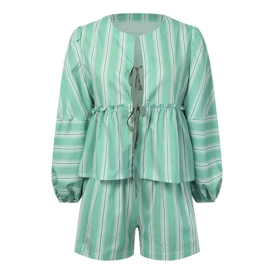Completi corti da donna, set 2 pezzi estivi, pigiama a 2 pezzi con laccetti frontali, pantaloncini a quadri, maniche a sbuffo, peplum, completo da donna