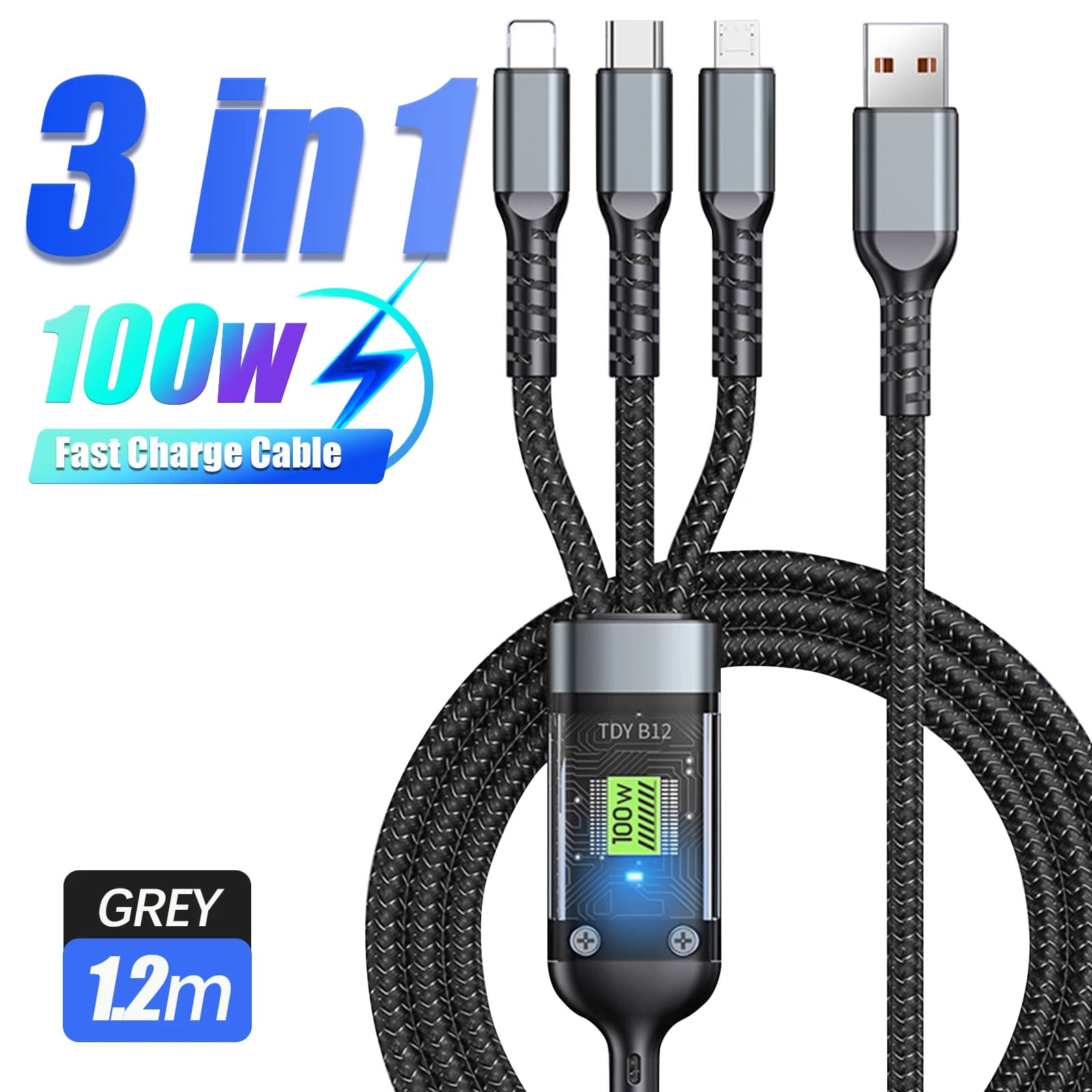 Cavo di ricarica super veloce 3 in 1 trasparente da 100W con connettore universale Type C USB Micro per iPhone Xiaomi Samsung Huawei