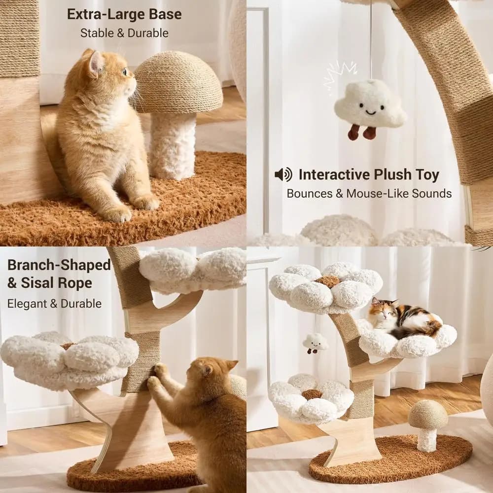 Grande Albero per Gatti da Interno con Altezza di 37 cm, Design Moderno, Fioriere, Tiragraffi a Fungo, Gioco Interattivo, Bianco