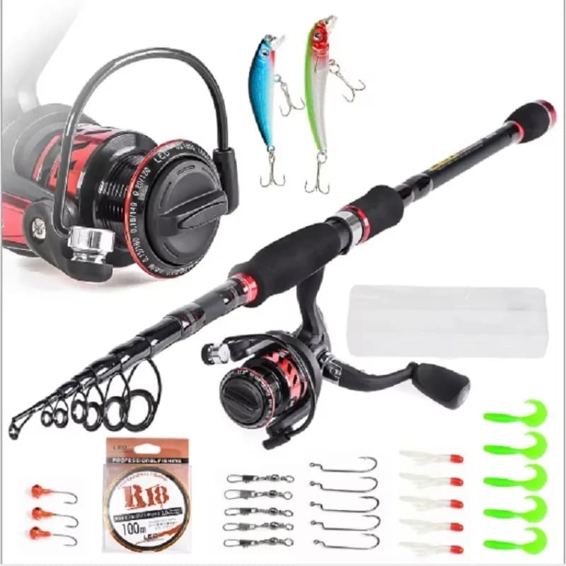 Set of telescopic fishing rods and reel with combination of rotating fishing rods with bait hook