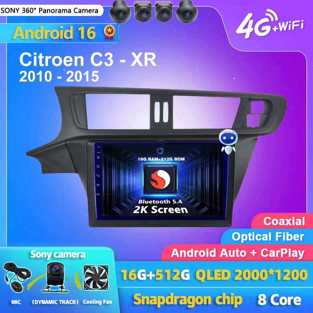 Qualcomm Android 16 Carplay Auto 2K Screen Car Radio Multimedia Player For Citroen C3 - XR 2010 - 2015 2 din Autoradio Stereo