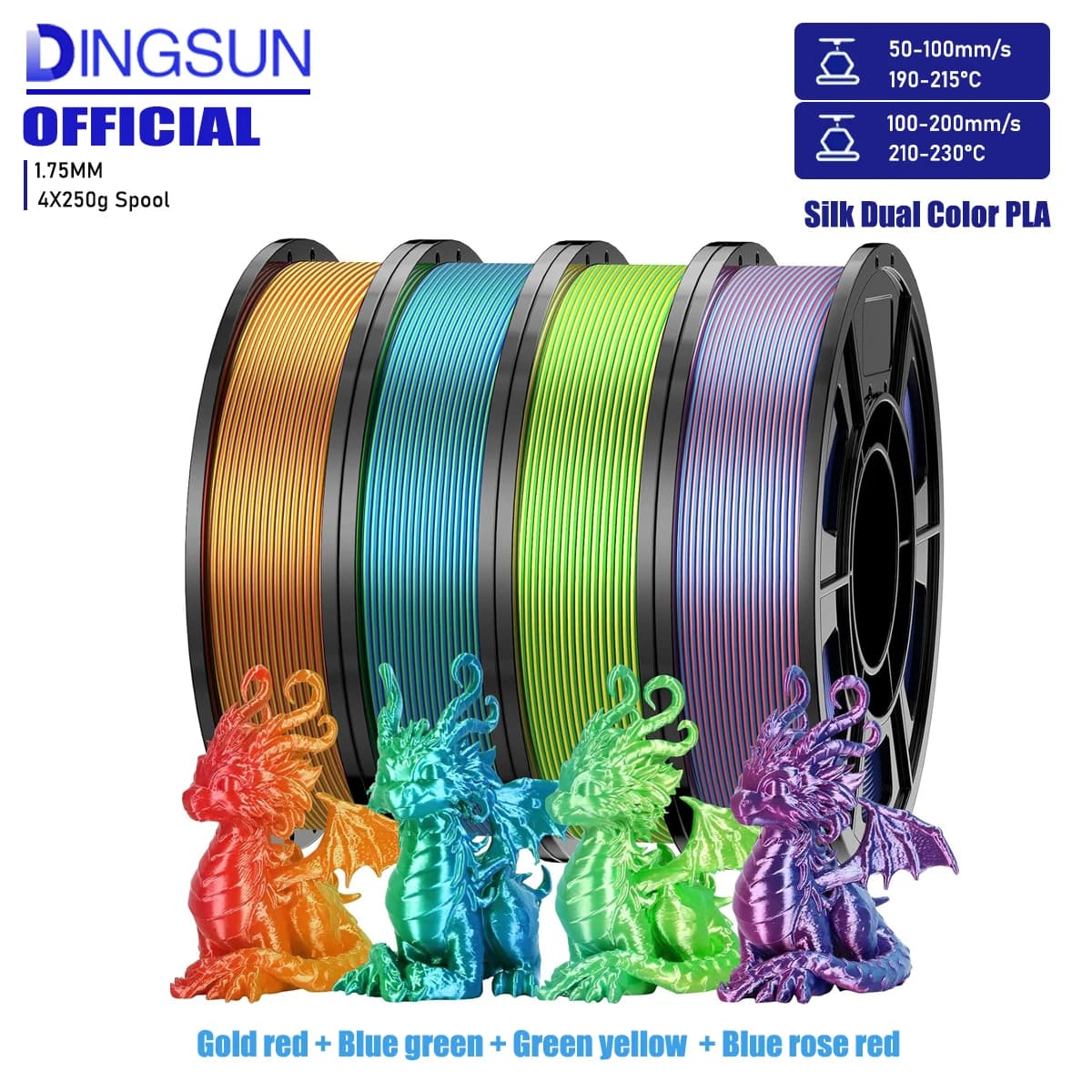 Filament PLA bicolor, 1,75 mm, bundled in 4 colors, filament for glossy 3D printer. Quantity for roll: 200 g/250 g/500 g/1000 g.
