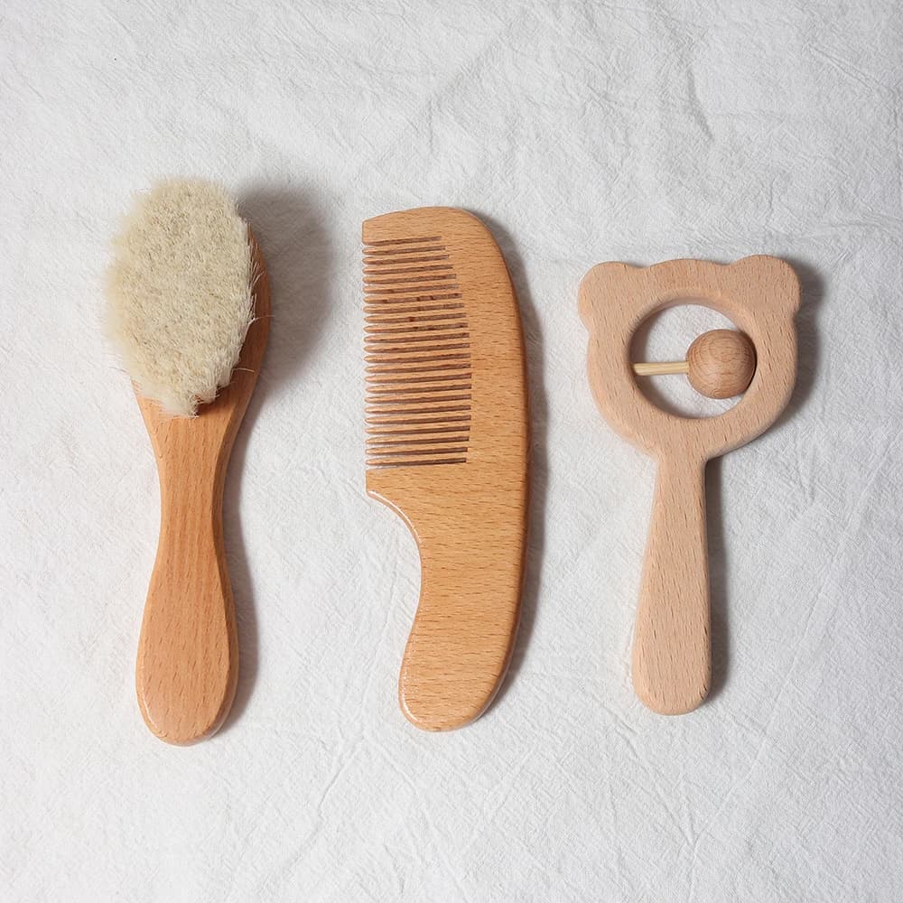 set di spazzole per pettine per bambini set regalo per neonato Set di lana naturale di faggio Pettine in legno bavaglino per ciuccio Clip per bambini Spazzola per capelli per bambini