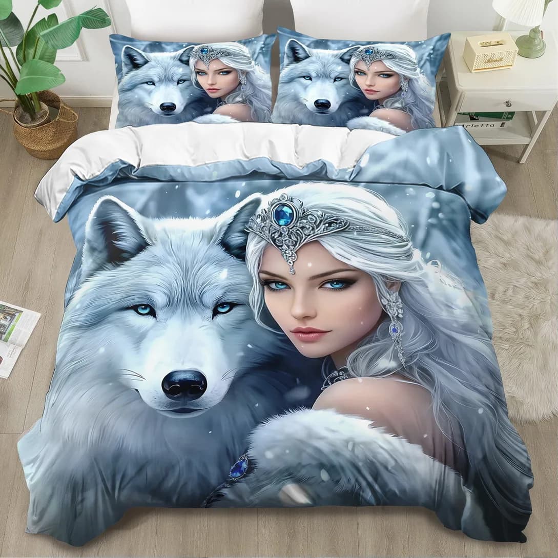 Set copripiumino con stampa principessa e lupo, biancheria da letto in stile King Queen, lavabile in lavatrice, per camera da letto, camera degli ospiti, regalo di compleanno