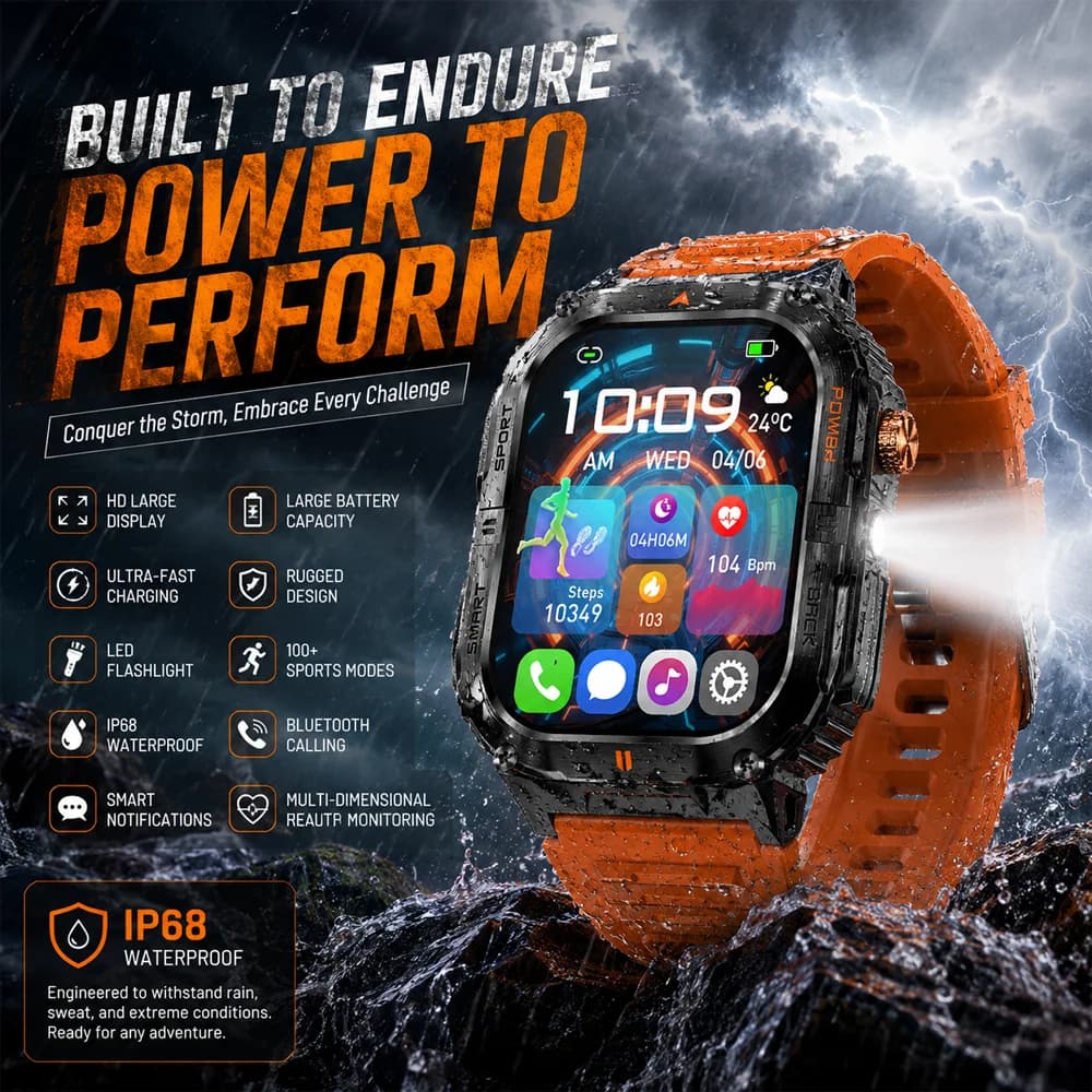 Large 1000mAh Battery Mens Outdoor Rugged Smart Watch IP68 Waterproof Fitness Tracker LED Flashlight 100 Plus Sports Modes