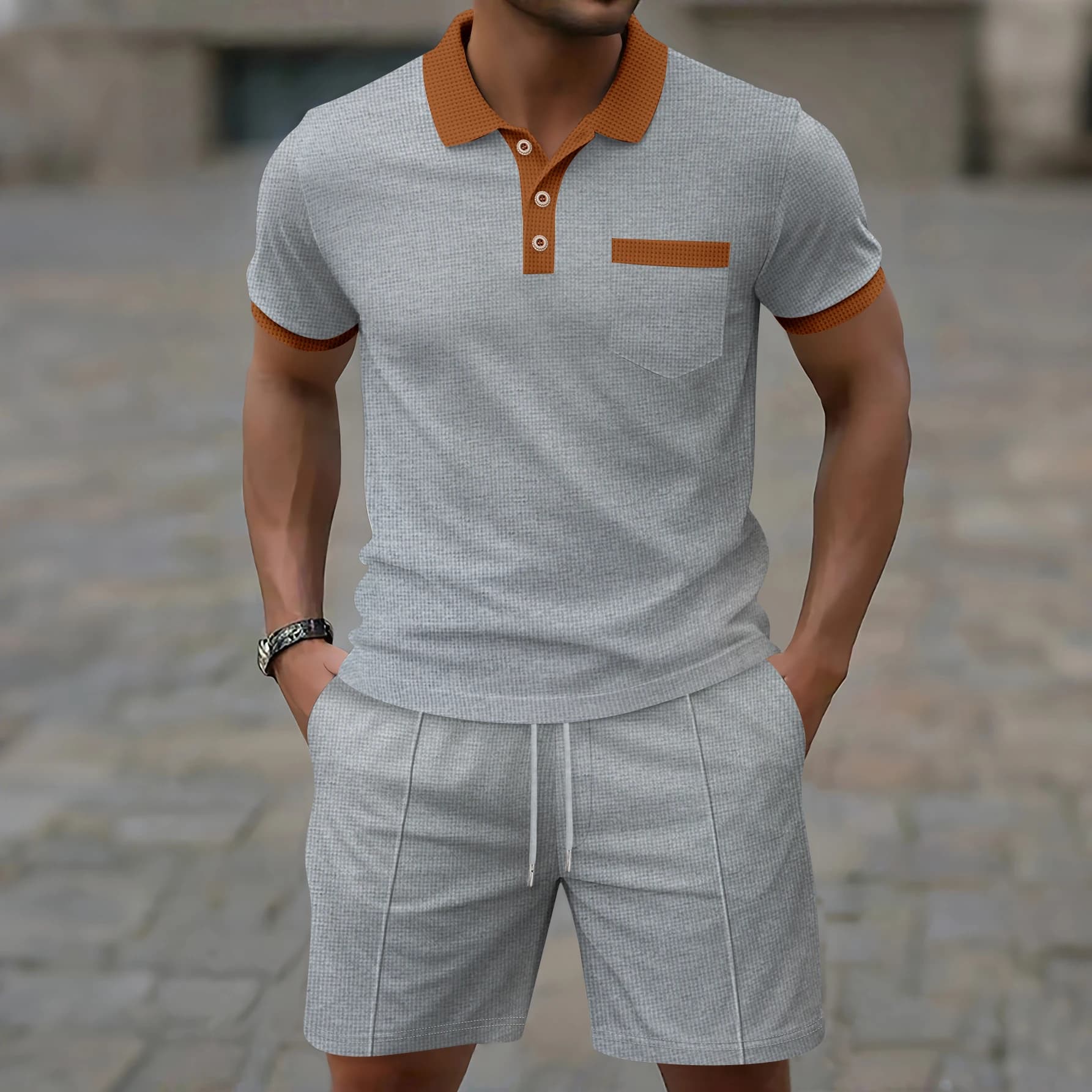 Completo da Uomo Casual 2 Pezzi in Tessuto Waffle con Dettagli a Contrasto: Polo e Pantaloncini per Stile Street e Uso Quotidiano - Offerta Speciale
