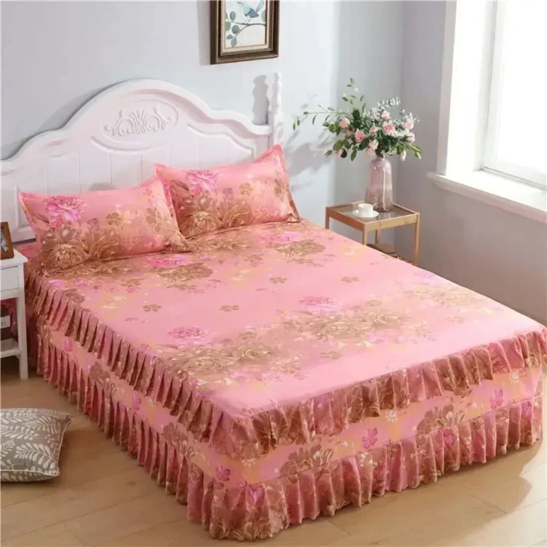 Bed skirt Set cotton bedside Embroidery Dress 3 pieces/set for King/Queen Double 1.5/1.8/2M 3 pieces
