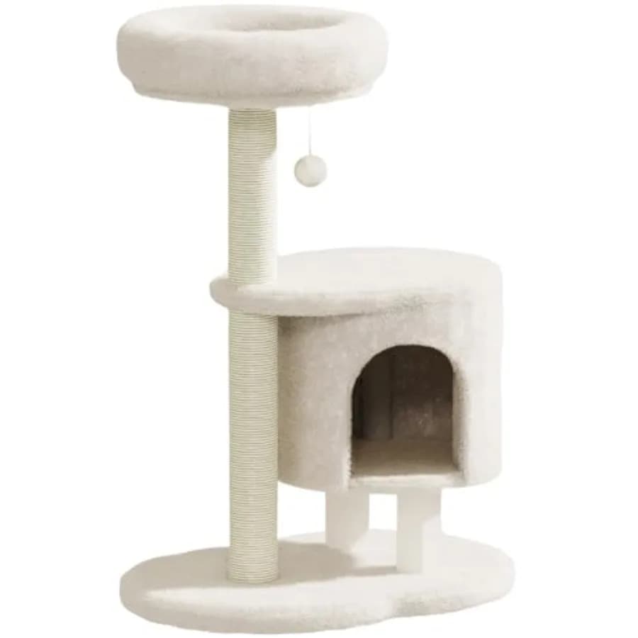 Albero per Gatti 87 cm con Tiragraffi, Cuccia, Palla Interattiva Sospesa e Sospensione in Peluche per Gatti di Taglia Grande da Interno, Beige