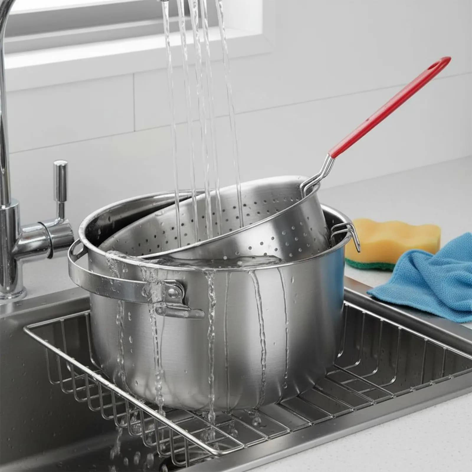 Pentola per Frittura in Acciaio Inox con Isolamento Termico e Cestello Scolapasta, Set Friggitrice Piccola Lavabile in Lavastoviglie per Principianti
