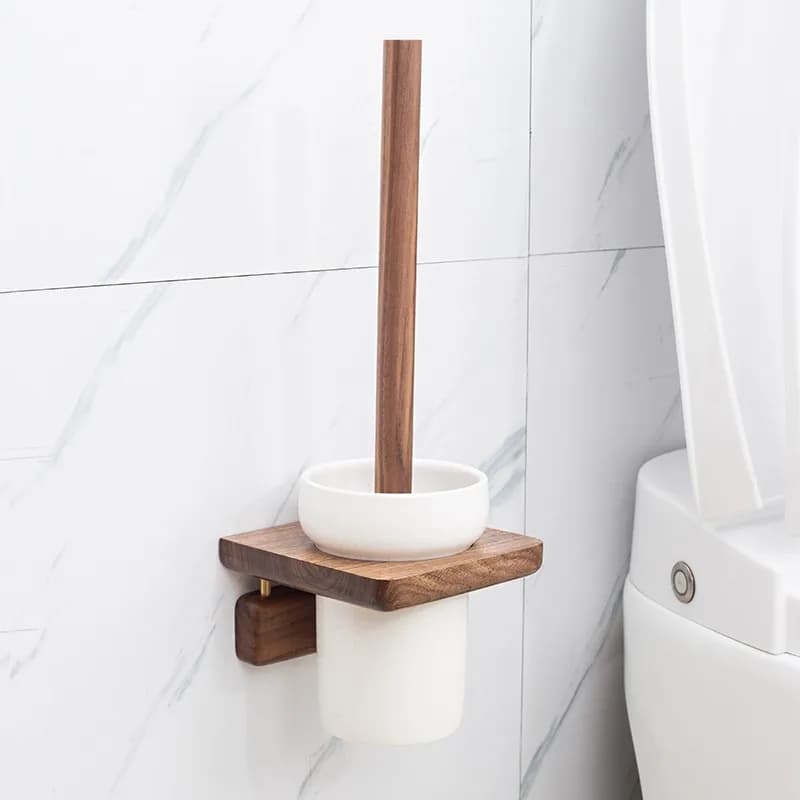 Black Walnut Solid Wood Toilet Brush with Ceramic Cup Dead-Angle-Free Wall-Mounted Bathroom Toilet Cleaning Brush Set