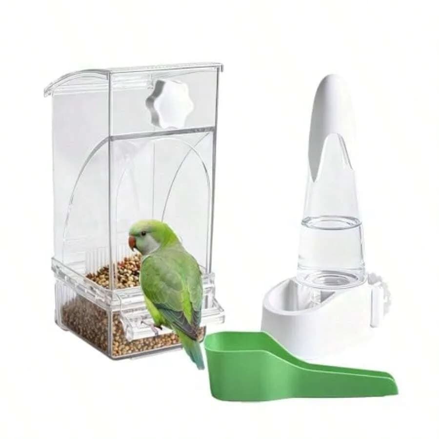【Nuovo Stile】Mangiatoia e distributore d'acqua automatici per uccelli, senza disordine, in acrilico, con contenitore per cibo e ciotola per abbeveratoio, accessori per pappagalli, pulizia facile