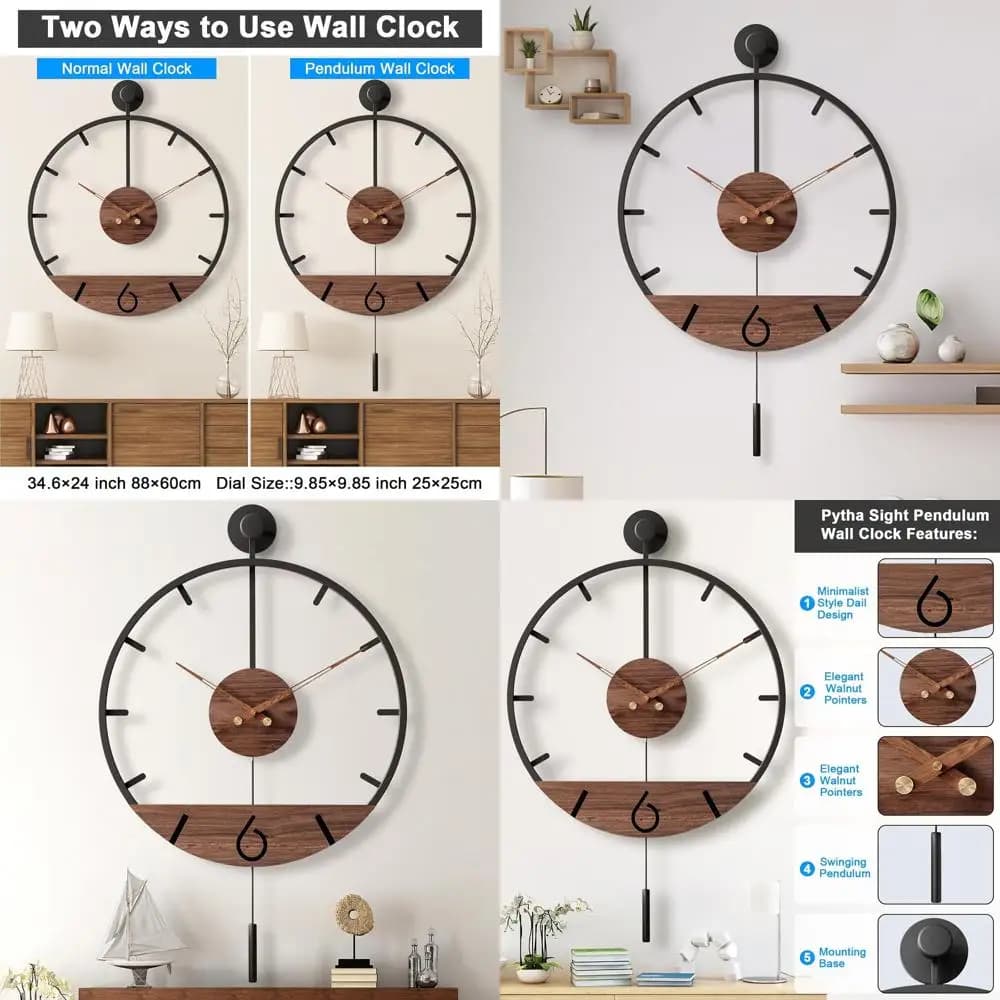 Grande orologio da parete moderno a pendolo silenzioso da 34,6 x 24 con quadrante in noce per l'arredamento di casa e ufficio