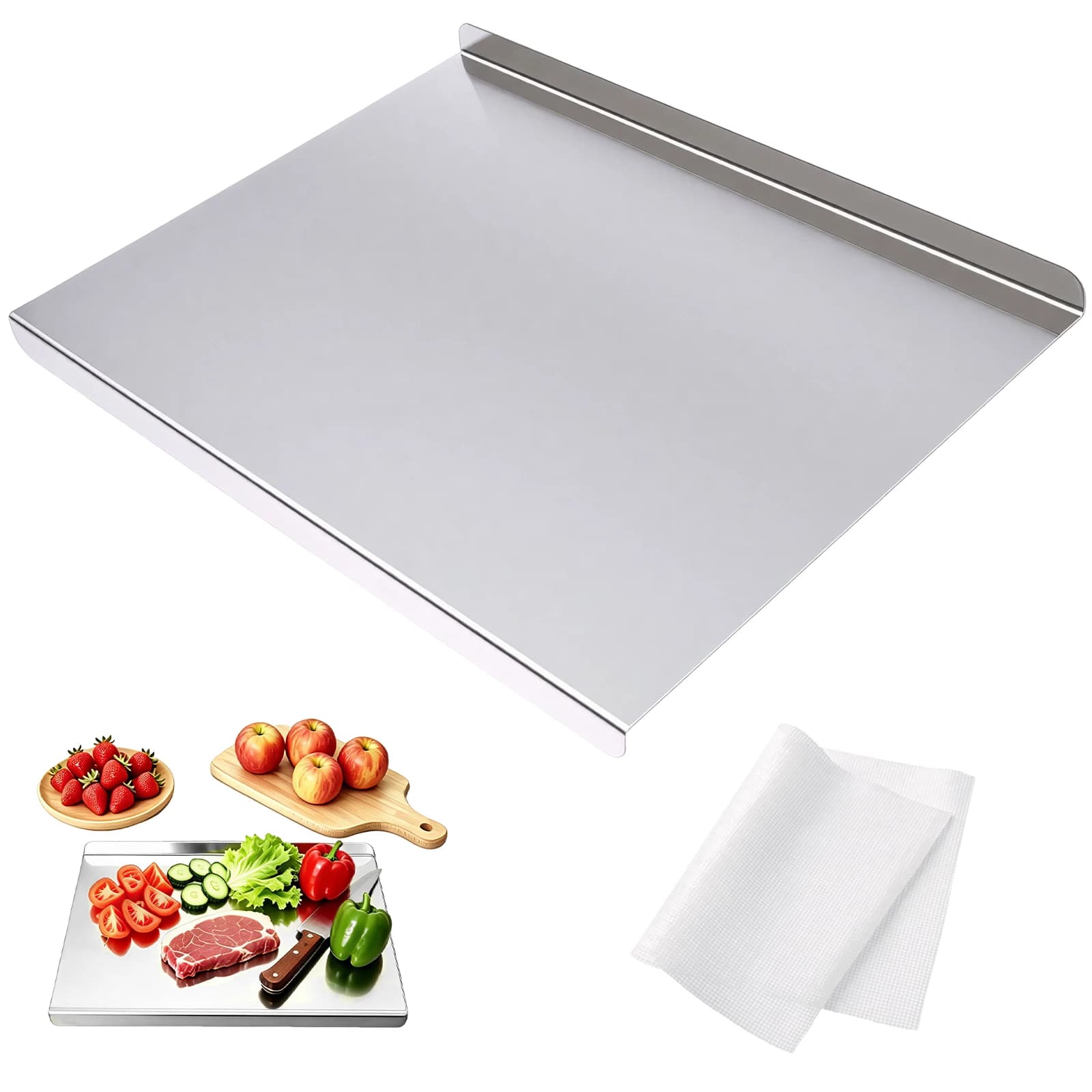Tagliere in Acciaio Inossidabile a Doppio Lato, Tagliere Multiuso con Tappetino Antiscivolo per Accessori da Cucina