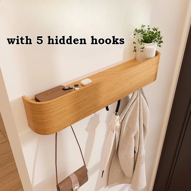 Appendiabiti da Parete in Legno Moderno con 5 Ganci, Organizer da Porta o Parete per Camera da Letto/Corridoio, Scaffale Portaoggetti Nascosto