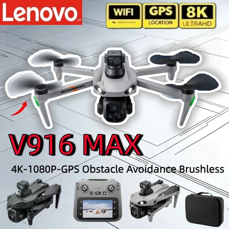 Drone Lenovo V916MAX 8K con Doppia Fotocamera HD Professionale, WiFi 5G FPV, Schermo Grande, Quadricottero RC Pieghevole