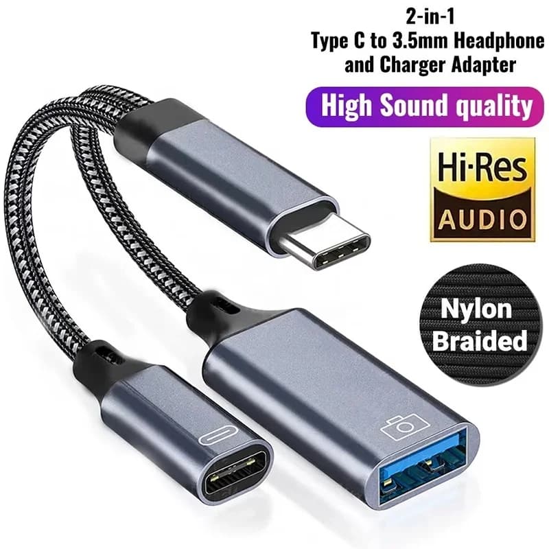 2 In 1 USB Type C To 3.5mm Aux Audio Dongle Adapter Type C 3.5mm Jack Cable Earphone Cable Converter For iPhone iPad Huawei OPPO
