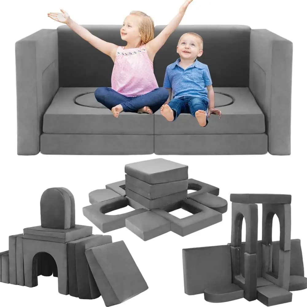 Divano Convertibile per Bambini con Blocchi da Costruzione e Cuscini per Sala Giochi e Camera da Letto (Grigio) - Set da 12 Pezzi