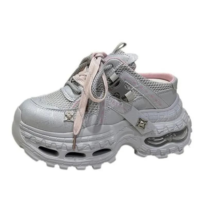 9CM Ultra-Light Thick Soled Women Chunky Platform Mule Sneakers Lace-Up Casual Buckle Fashion Dad Shoes New Comfortable Slippers