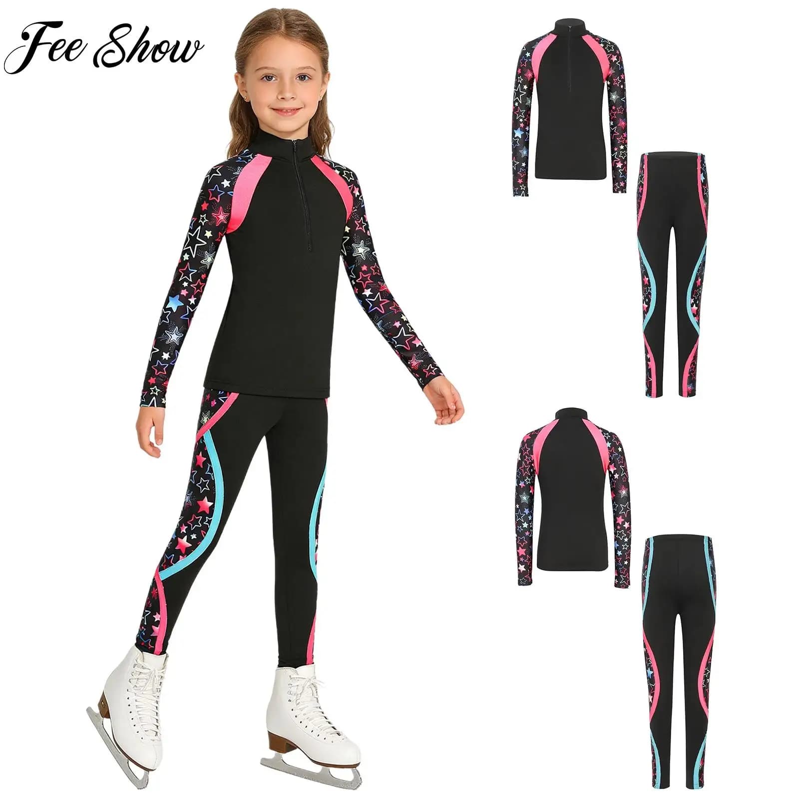 Children Girls Fleece-lined Gymnastics Figure Skating Ballet Dance Performance Outfit Zip-up Long Sleeve Pullover Top+Pants Sets
