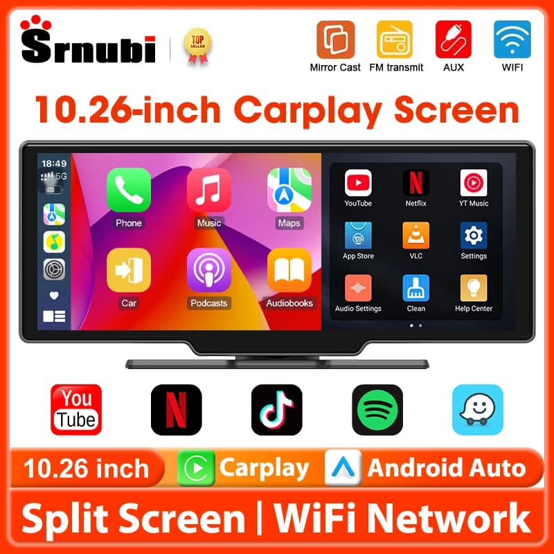 Srnubi 10.26 "Schermo di riproduzione per auto Android WIFI Lettore multimediale per auto Wireless Carplay Android Auto Schermo per auto per YouTube Netflix