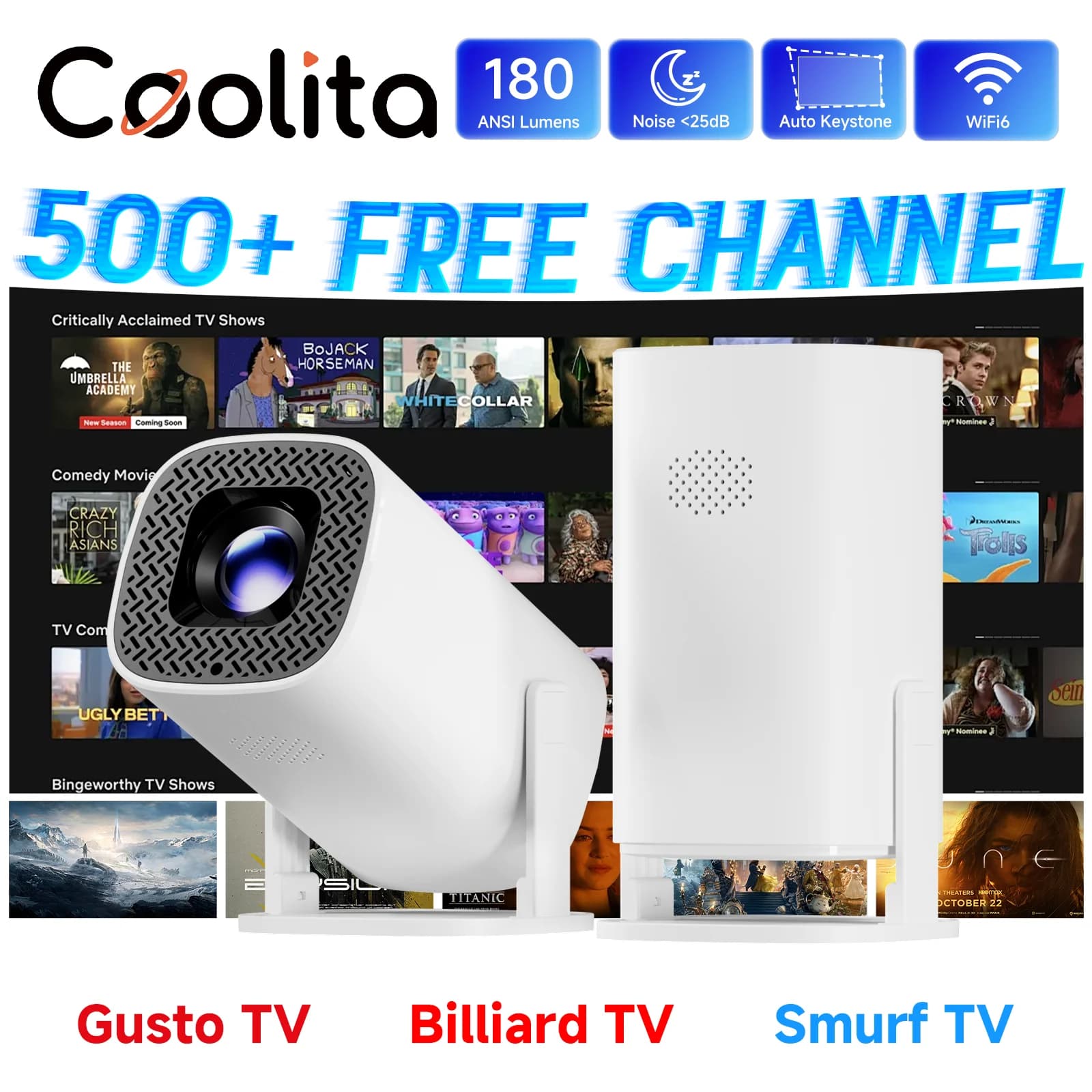 HONGTOP P30PLUS Mini proiettori intelligenti 4K 1280 * 720P con oltre 500 canali gratuiti in diretta Supporto WiFi6 Proiettore portatile Home Theater