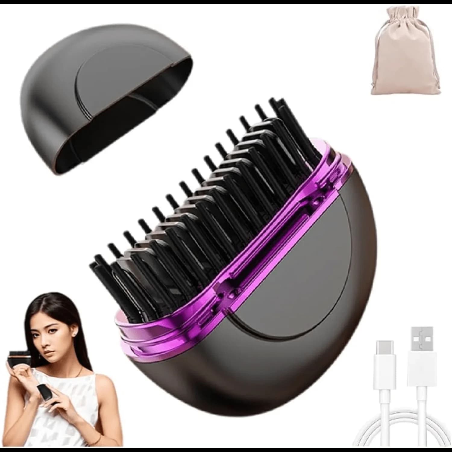 Wireless rechargeable hair smoothing comb, USB portable hot comb for ironing fringes, ideal for travel