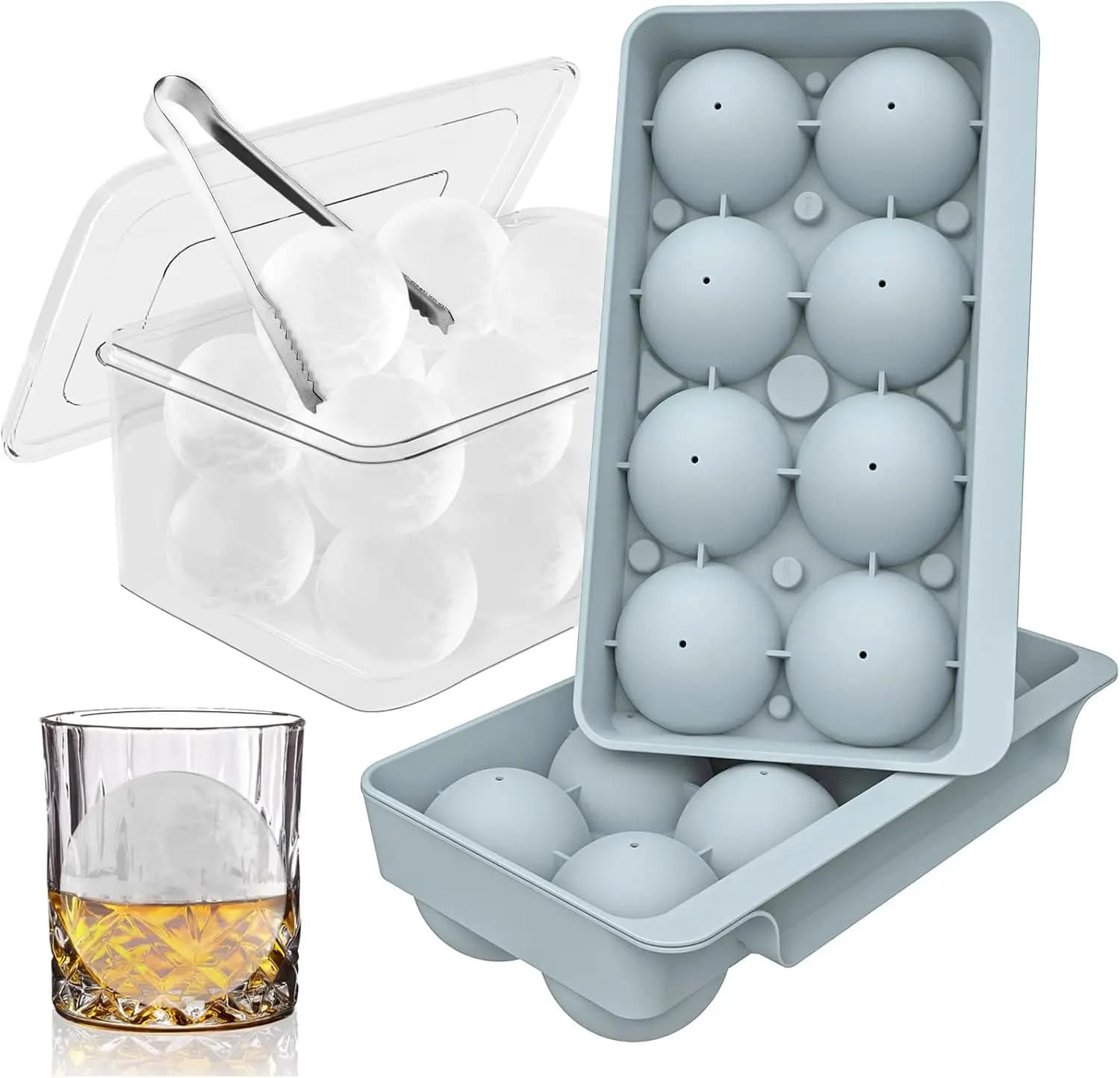 Stampi per Cubetti di Ghiaccio Grandi per Whisky, Vassoi Rotondi per Ghiaccio Facili da Riempire e Rilasciare, 2,5 Pollici, 8 Sfere, Confezione da 2