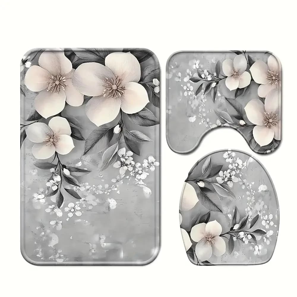 Set elegante tappetino da bagno floreale in 3 pezzi: coprisedile e zerbino assorbenti e antiscivolo, tessuto in poliestere, lavabile in lavatrice