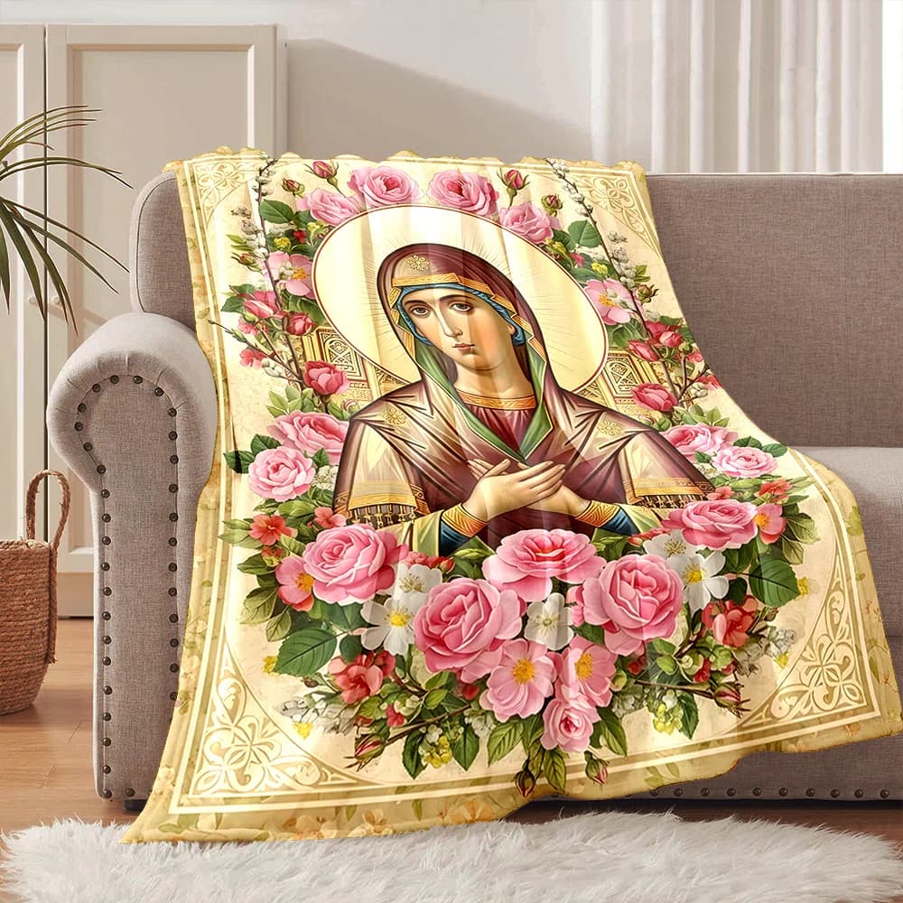 1 pezzo di coperta in flanella con icona circondata da un ghirlanda di rose e stampa Faith, morbida e calda, adatta per casa, viaggi, picnic, campeggio e camper.