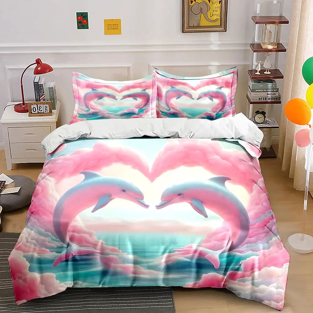 Set di biancheria da letto con decorazioni romantiche a forma di delfino, con 1 copripiumino e 2 federe, singolo, matrimoniale, king, queen, regalo