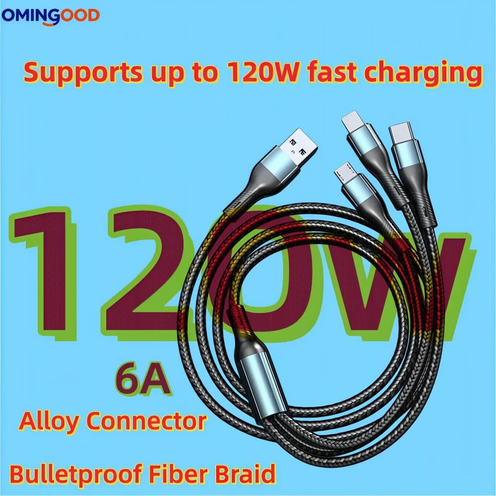 Cavo USB tipo C 6A 120W 3 in 1 Cavo dati per caricabatterie per telefono a ricarica rapida per iPhone Samsung Xiaomi Huawei Cavo micro USB a ricarica rapida