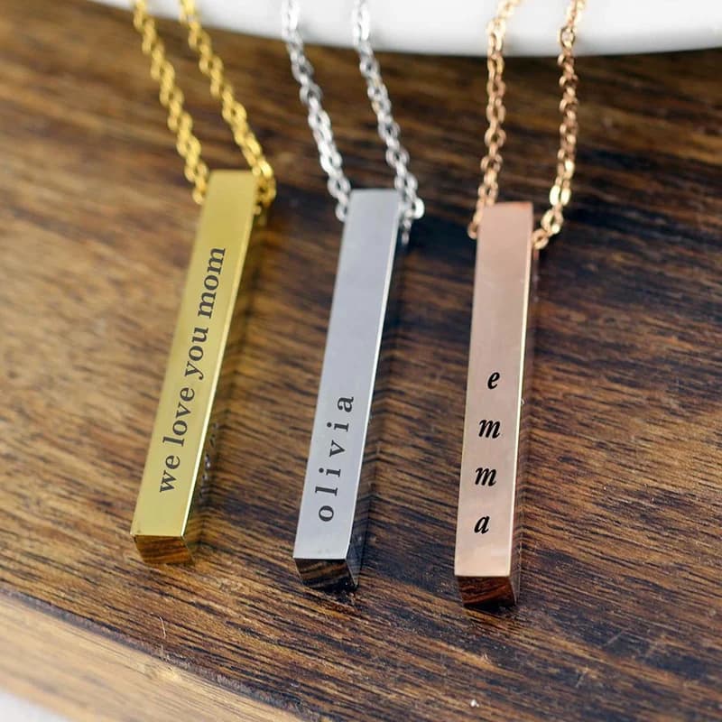 Custom Engrave Rectangle Pendant Necklace for Women,Vertical 3D Bar, Anti Allergy Stainless Steel Neck Collar Jewelry