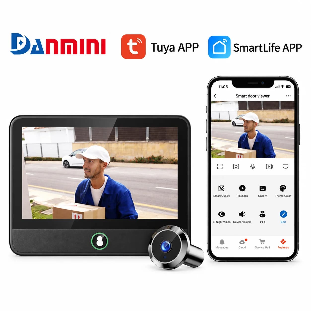 DANMINI Tuya 3MP 2K WiFi Smart Door Peephole Camera 4.3in IPS Screen Two-Way Audio Motion Detection Night Vision 120° Wide Angle