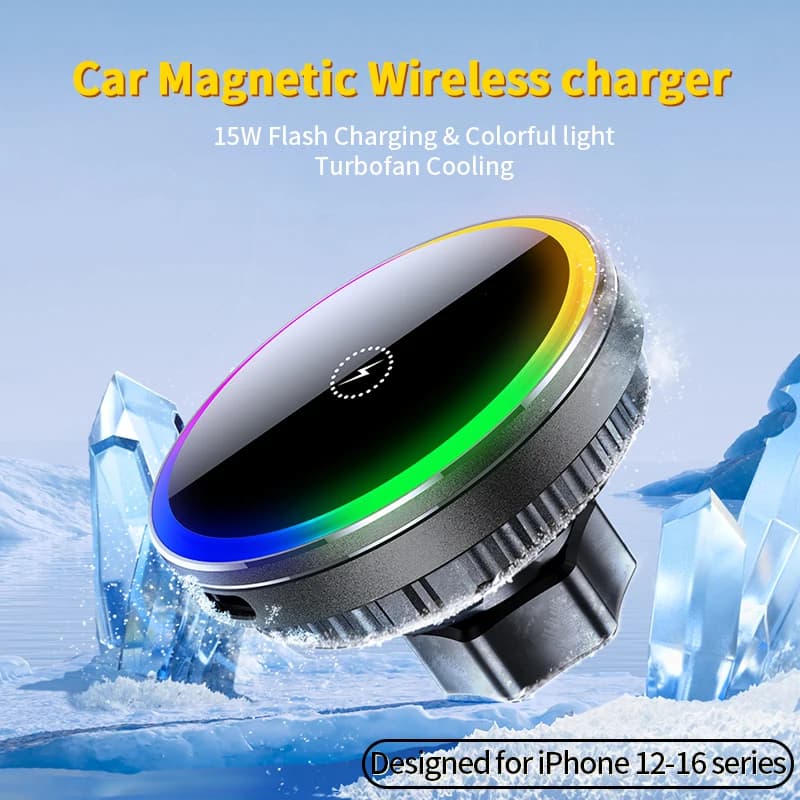 Fan Cooling Car Magnetic Bracket Wireless Charger QI1 Wireless Fast Charging Suitable for iPhone 12-17 Series Car Vent Installation Car Phone Holder