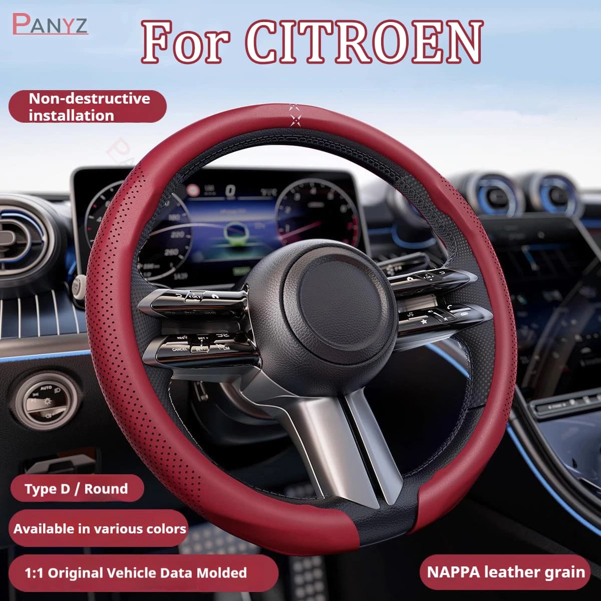 For Citroen C4 CACTUS C5 C4L DS4 DS5L 1 C2 Nappa Leather grain Car Steering Wheel Cover Breathable and Anti Slip Accessories