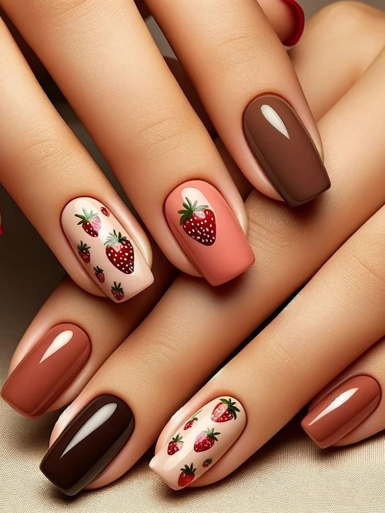 24 Pezzi Unghie Finte Quadrate di Media Lunghezza con Design Fragola, Unghie Finte Press-on per Nail Art, Punte per Unghie a Copertura Totale Indossabili