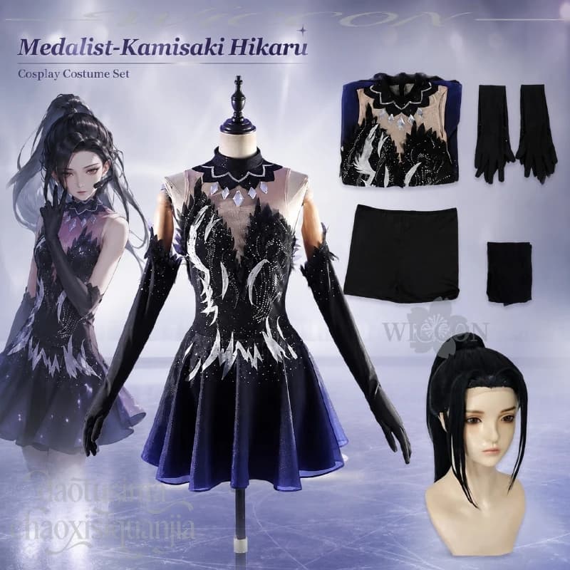 Anime Medalist Cosplay Kamisaki Hikaru Handsome Punk Fashion Black Ice Skating Outfit Dress Jirai Kei High Quality Wig Halloween