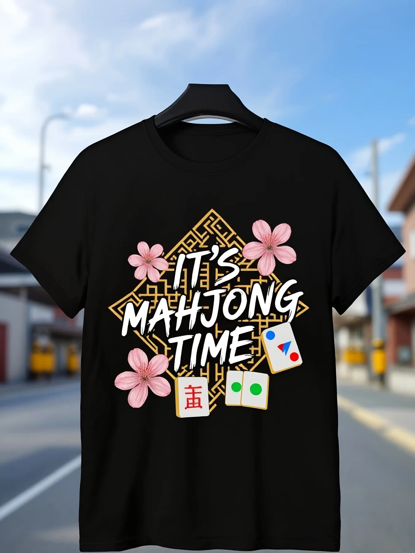 Mahjong Time TShirt Black Mahjong Tiles Cherry Blossoms And Text Design for Casual Wear Gaming Events And Party Outfits Long Sleeve Knit Fabric Relaxed Fit Full Size Fashionable Graphic Print 3pure Breathable sweat-wicking and soft suitable for dail