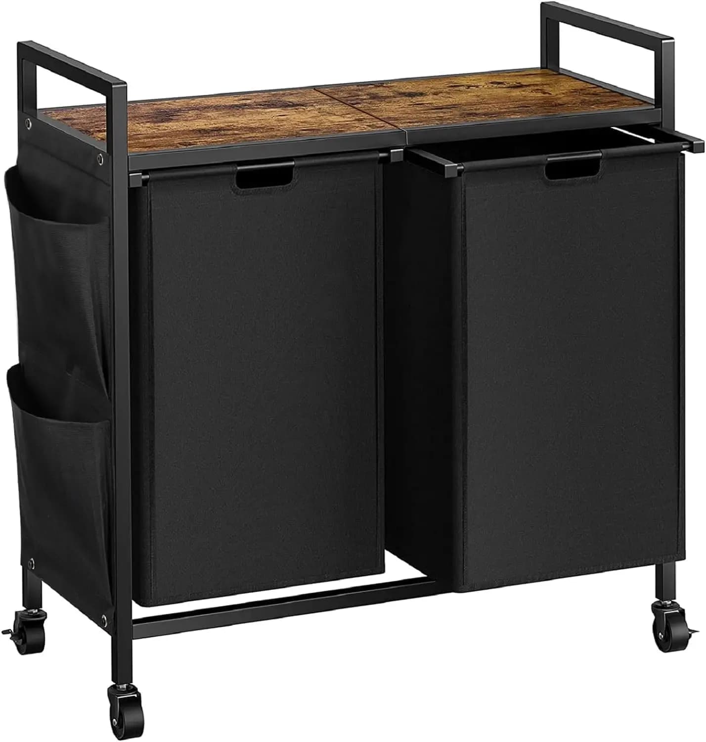 Whiteware basket with Cover, 2 removable bags, Upper shelf and Wheels for Easy Storage - Black