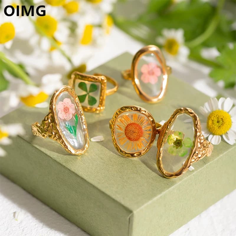 OIMG Acciaio inossidabile 316L placcato oro Leggero accogliente Minimalista Poligonale Fiore secco Anello aperto Amante delle donne Gioielli di dichiarazione