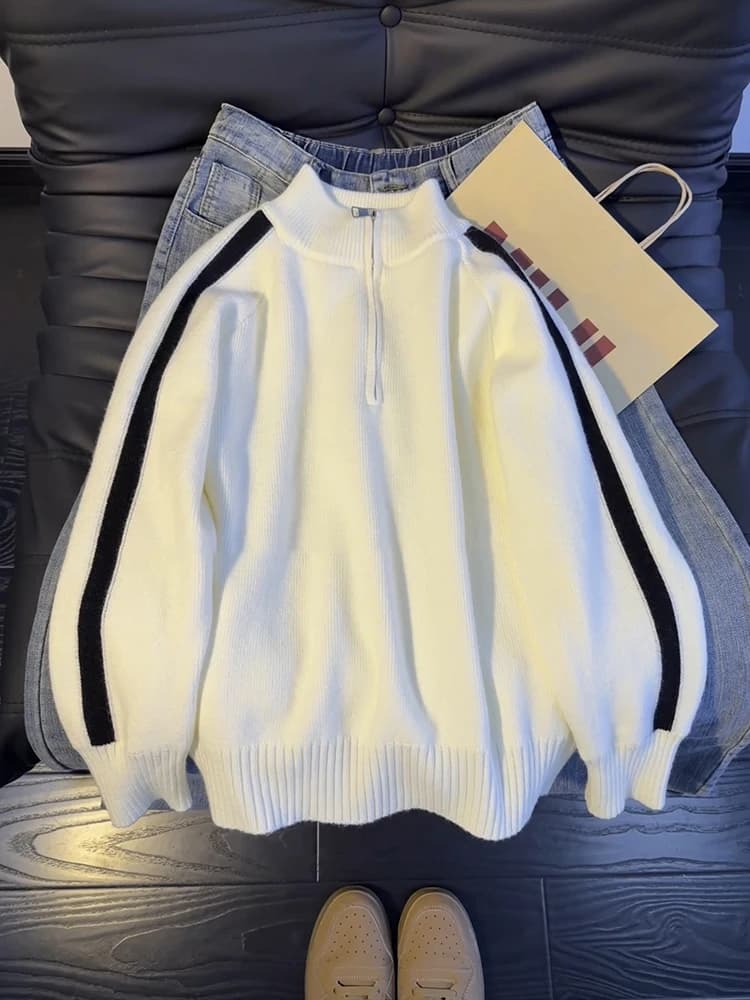 Maglione da Uomo con Collo Alto e Cerniera, Maglia Invernale Spessa, Giacca in Stile Americano con Blocchi di Colore