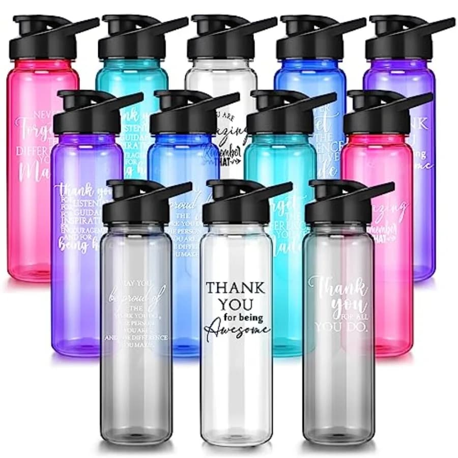 Set di 12 Bottiglie d'Acqua in Plastica da 24oz per Regali Aziendali Natalizi, Bottiglie Ispirazionali 'Grazie' a Prova di Perdite per Dipendenti