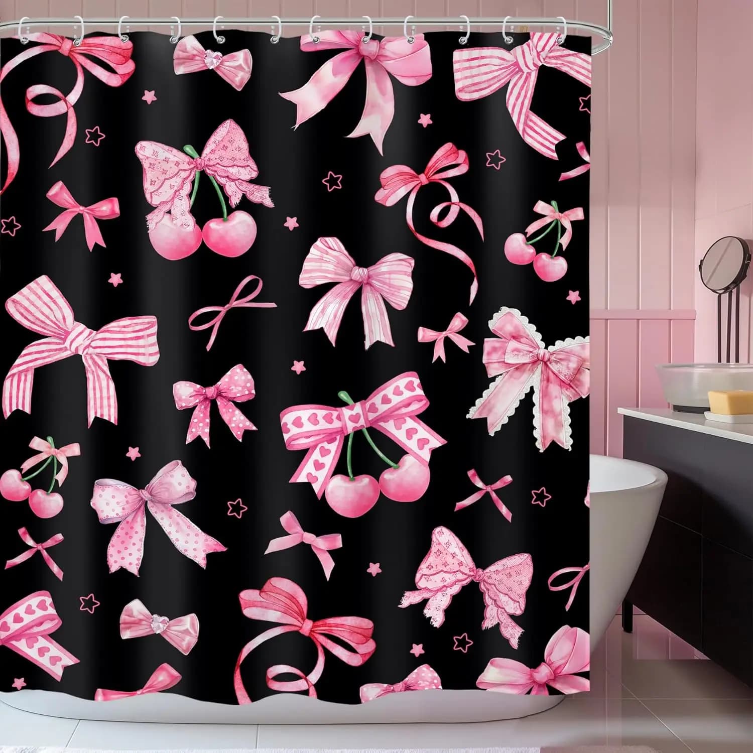 Tenda da doccia con fiocco nero rosa Ciliegia Girly Preppy Frutta moderna Estetica piuttosto dolce per ragazze Tessuto di stoffa per adolescenti