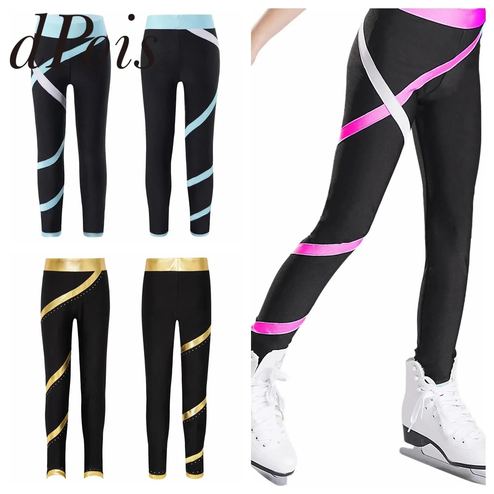 Artistic skating leggings for girls, glossy rhinestones, metallic striped tights, roller skating trousers, children's gym pants