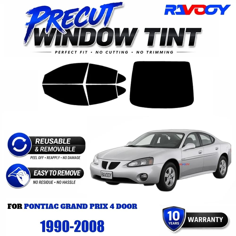 RAVOOY Precut Window Tint, Reusable Removable EPU Film, Custom Fit for Pontiac Grand Prix 4 Door 1990-2008, UV Heat Protection