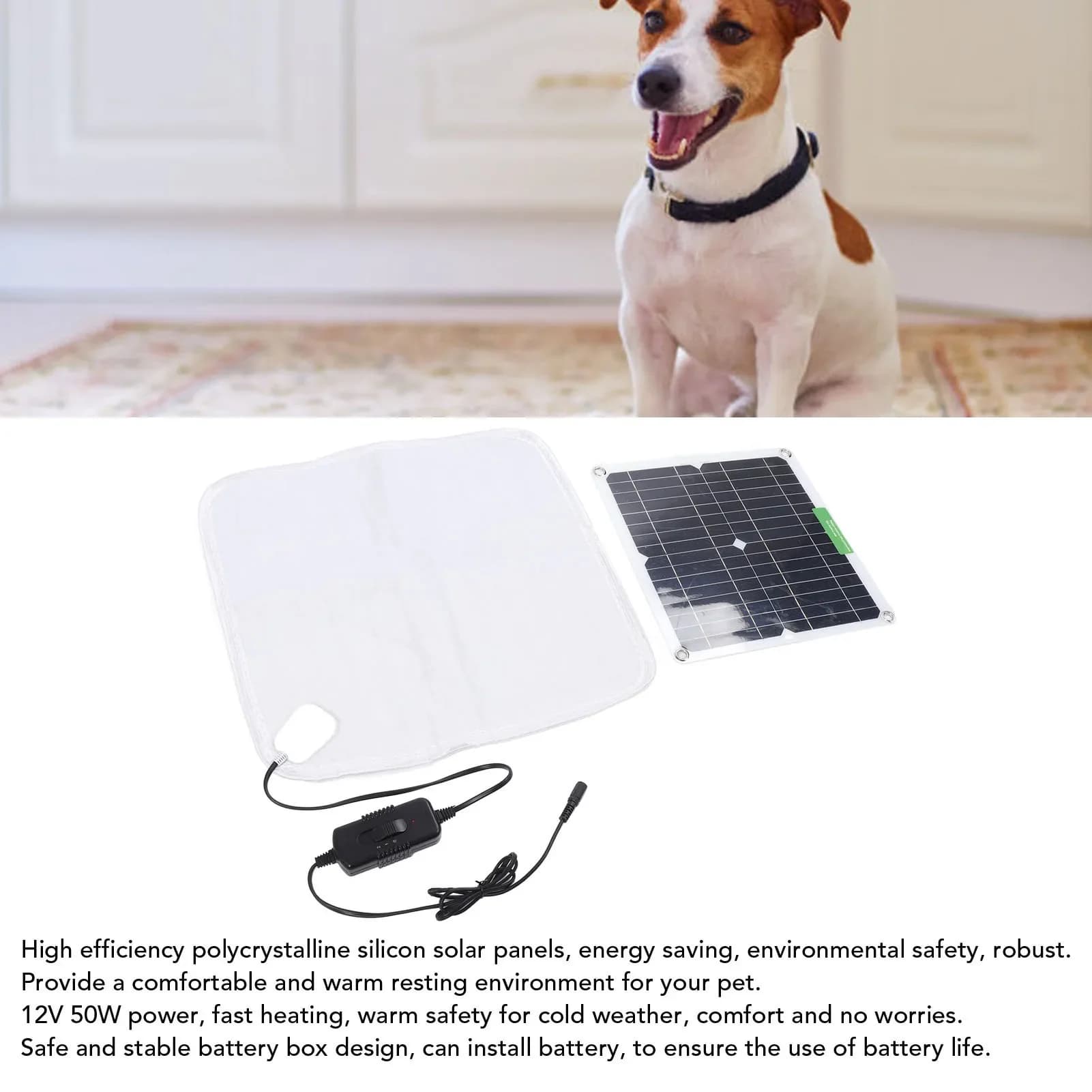 Coperta Riscaldante per Animali Domestici con Pannello Solare 12V 50W, Riscaldamento Rapido e Uniforme, Morbida e Portatile per Auto e Uso Esterno